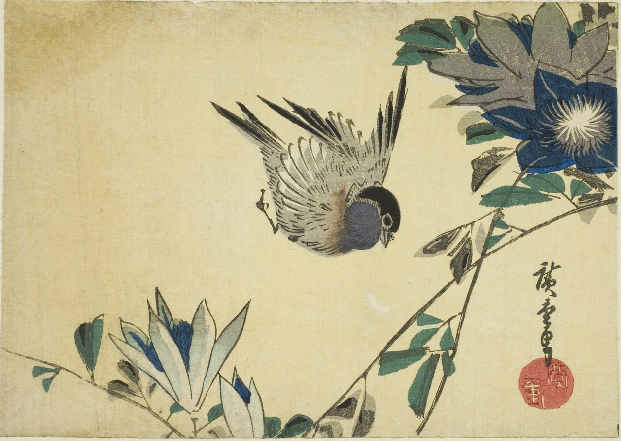 Bullfinch og klematis av Utagawa Hiroshige