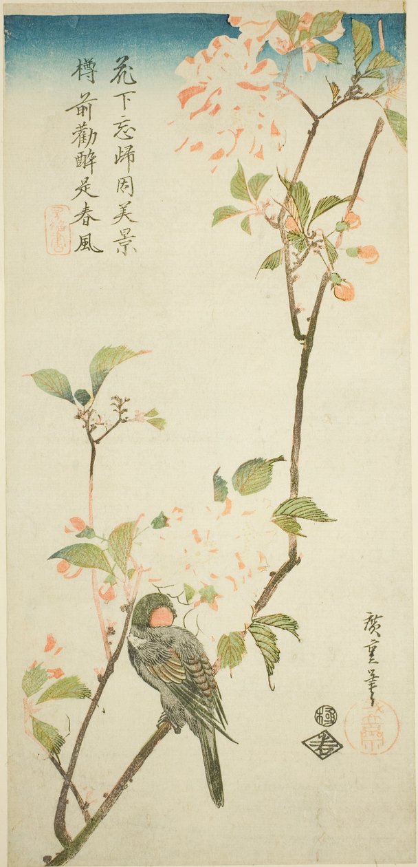 Bullfinch på aroniagren av Utagawa Hiroshige