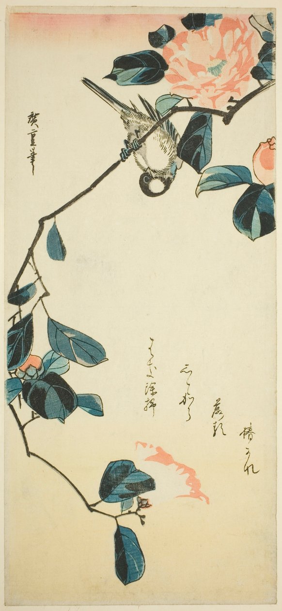 Bullfinch på kameliagren av Utagawa Hiroshige