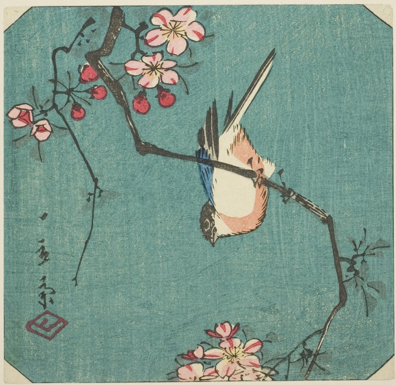 Bullfinch, del av et harimaze-trykk uten tittel av Utagawa Hiroshige