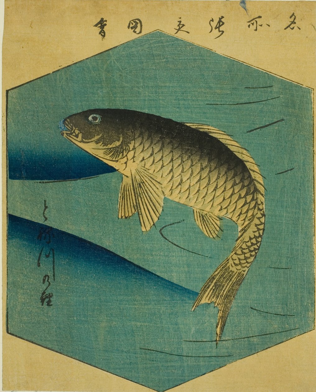 Carp in the Tone River (Tonegawa no koi), del av et ark fra serien "Cutout Pictures of Famous Places in Edo (Edo meisho harimaze zue)" av Utagawa Hiroshige