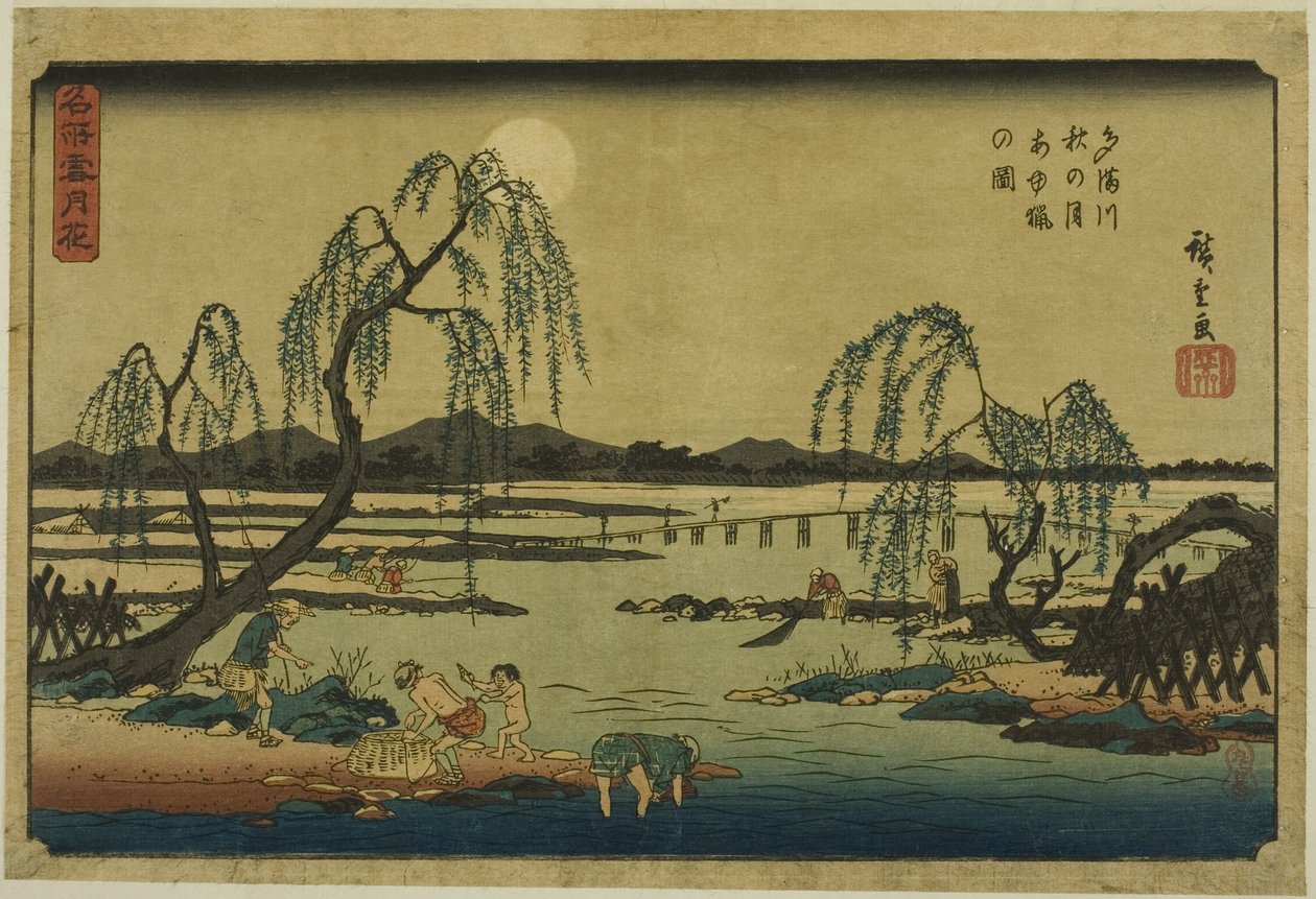 Å fange søtfisk i Tama-elven under høstmånen (Tamagawa aki no tsuki ayuryo no zu), fra serien "Snow, Moon, and Flowers at Famous Places (Meisho setsugekka)" av Utagawa Hiroshige