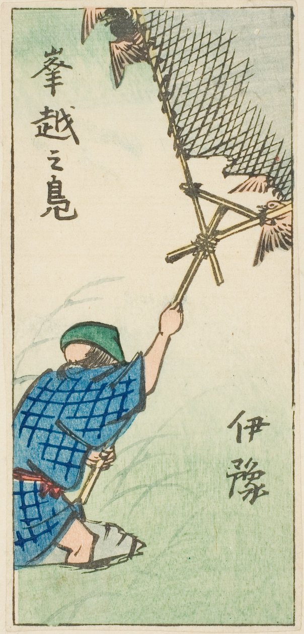Å fange villender i Iyo-provinsen (Iyo, okoshi no kamo), del av ark nr. 16 fra serien "Cutout Pictures of the Provinces (Kunizukushi harimaze zue)" av Utagawa Hiroshige