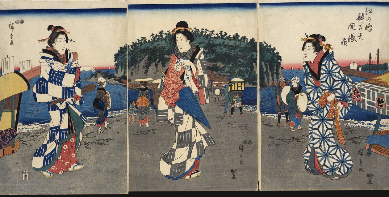 Seremoni ved avdukingen av ikonet i Benzaiten, Enoshima av Utagawa Hiroshige