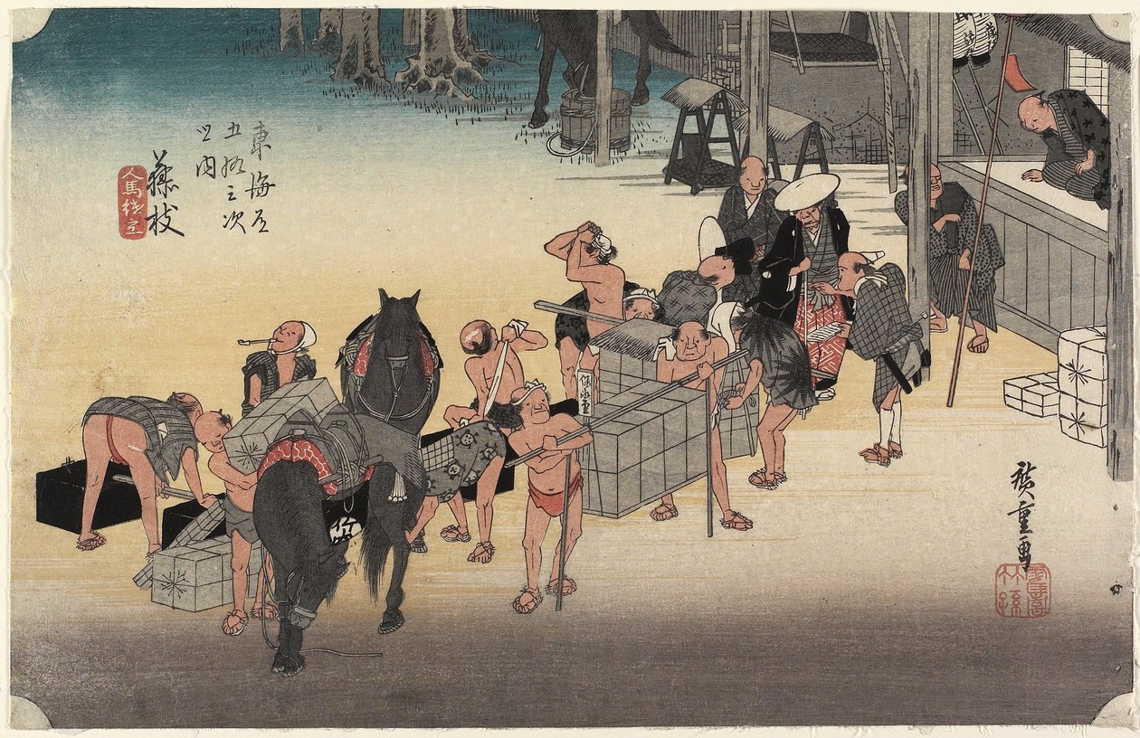 Bytte bærere og hester, Fujieda, ca. 1833 av Utagawa Hiroshige