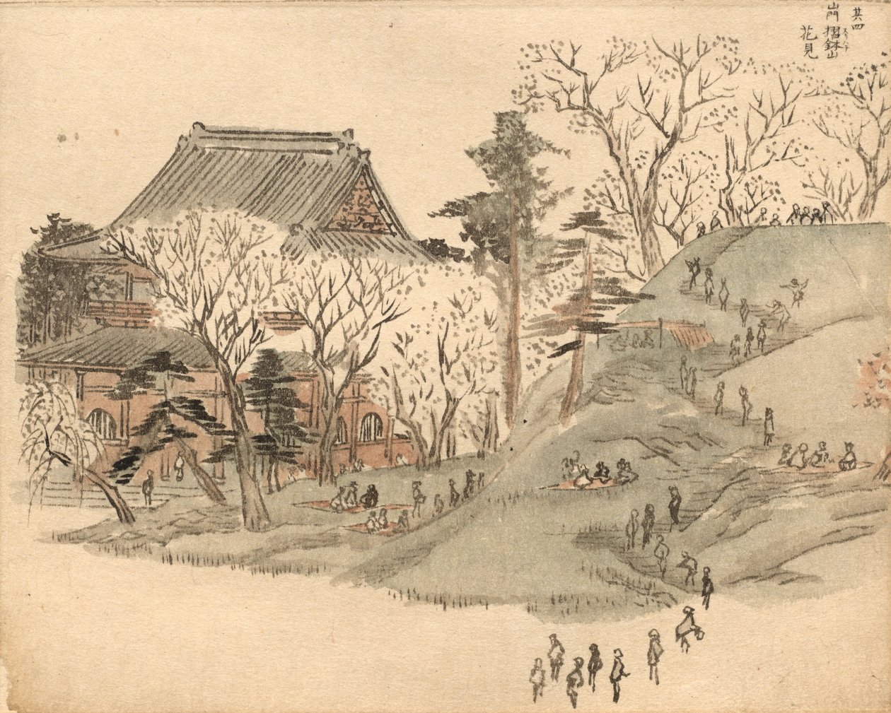 Kirsebærblomstbesøk ved tempelet på Suribachi-fjellet, etter en illustrasjon i bind 5 av «Ehon Edo miyage» (Bildebok om suvenirer fra Edo) av Utagawa Hiroshige