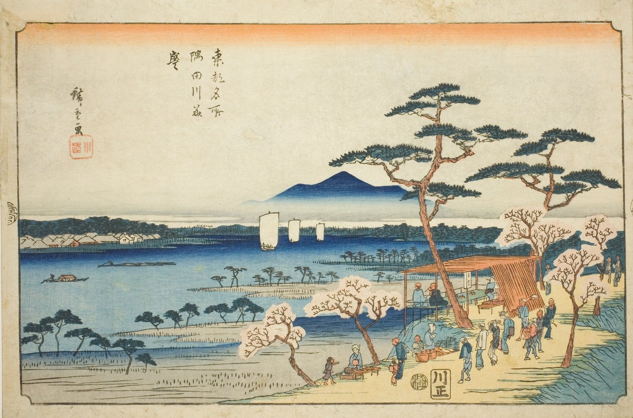 Kirsebærblomster i full blomst langs Sumida-elven (Sumidagawa hanazakari), fra serien "Famous Places in the Eastern Capital (Toto meisho)" av Utagawa Hiroshige