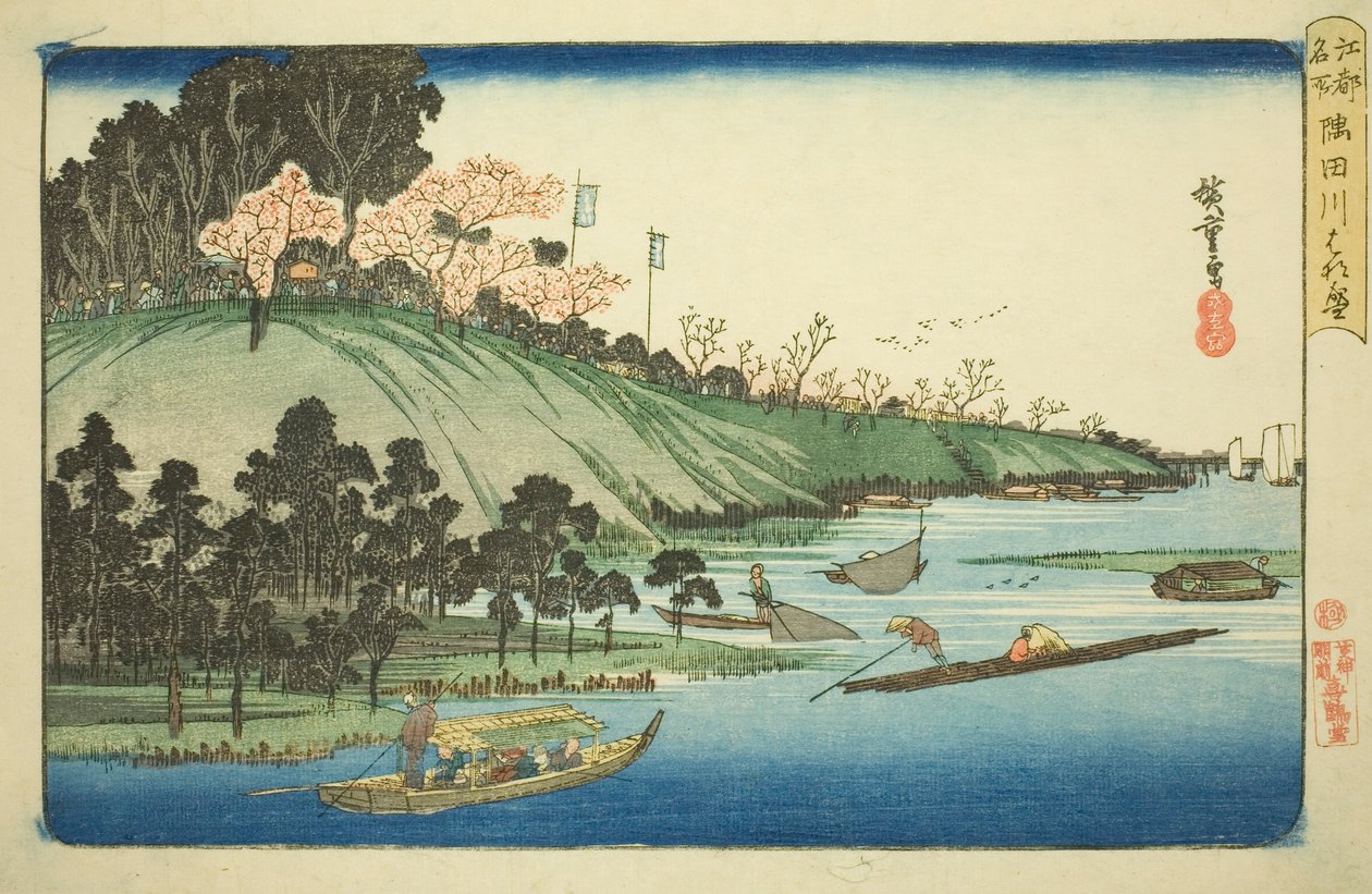 Kirsebærblomster i full blomst langs Sumida-elven (Sumidagawa hanazakari), fra serien "Famous Places in Edo (Koto meisho)" av Utagawa Hiroshige
