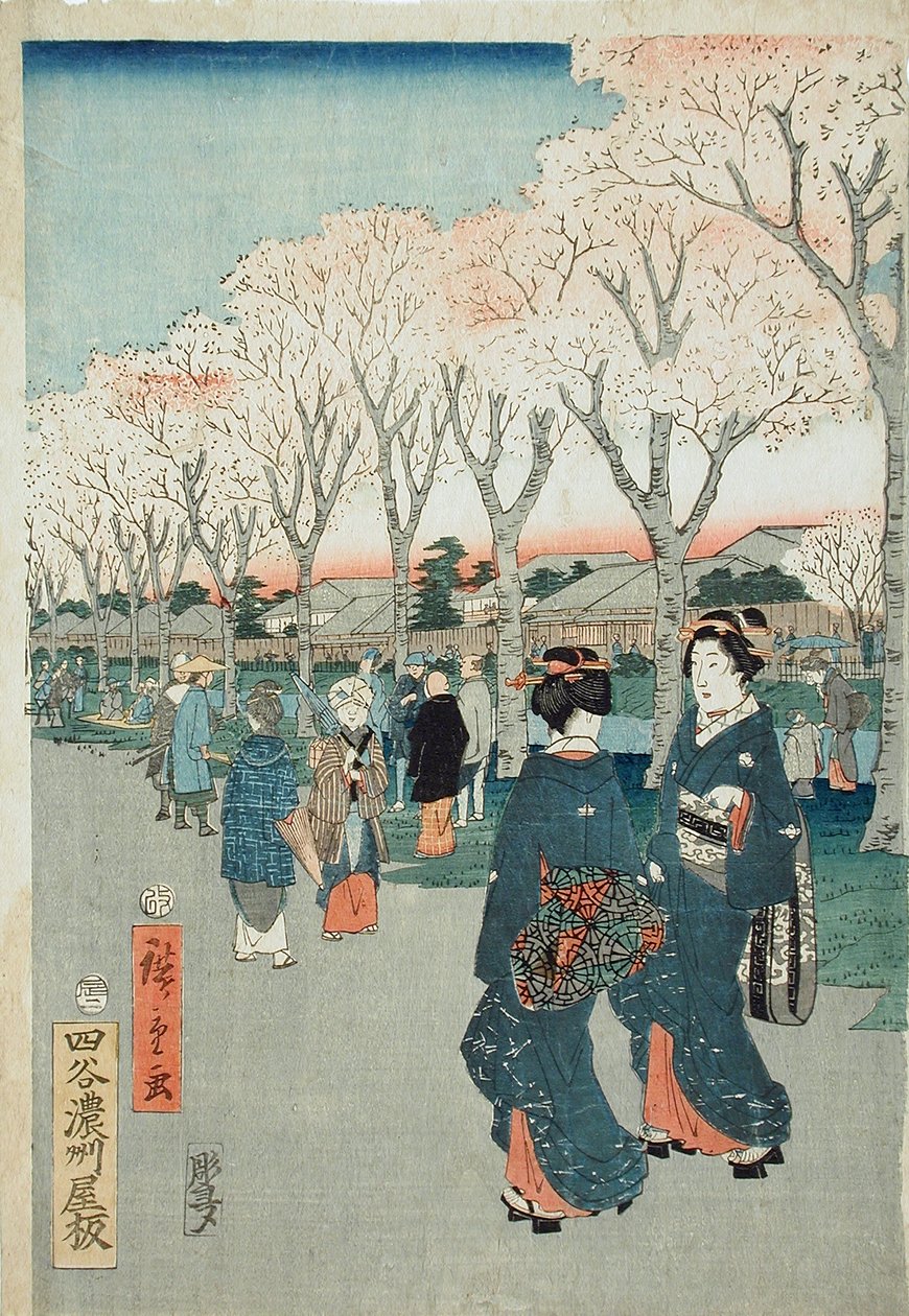 Kirsebærblomster på Juvelelvens bredd av Utagawa Hiroshige