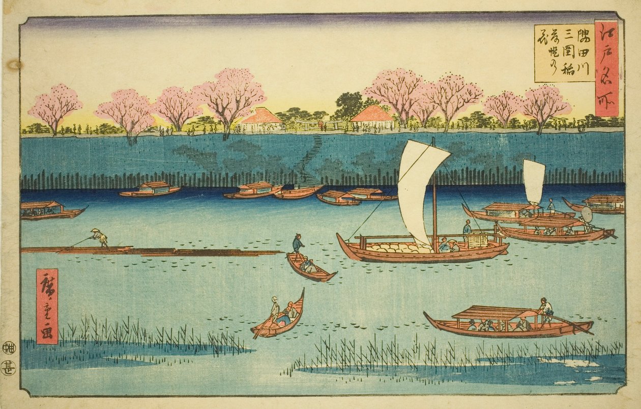Kirsebærtrær langs Sumida-elvebredden ved Mimeguri Inari-helligdommen (Sumidagawa Mimeguri Inari tsutsumi no hana), fra serien "Famous Places in Edo (Edo meisho)" av Utagawa Hiroshige