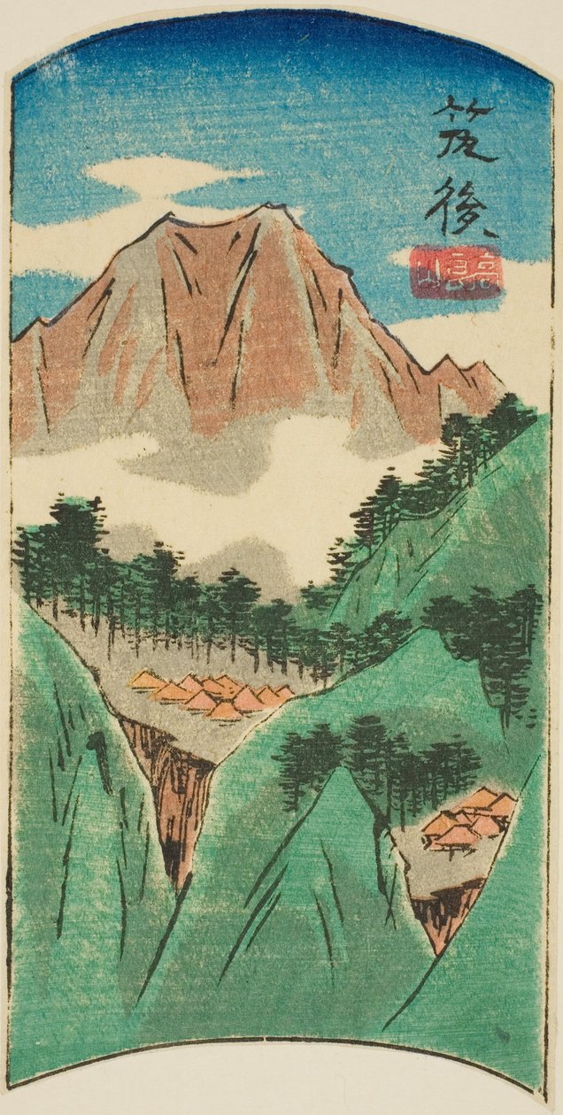 Chikugo, seksjon av ark nr. 17 fra serien "Cutout Pictures of the Provinces (Kunizukushi harimaze zue)" av Utagawa Hiroshige