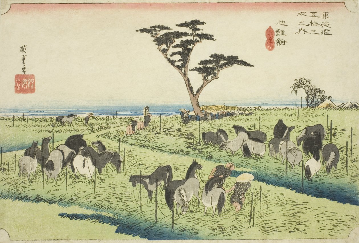 Chiryu: Early Summer Horse Market (Chiryu, shuka uma ichi), fra serien "Fifty-three Stations of the Tokaido (Tokaido gojusan tsugi no uchi)," også kjent som Hoeido Tokaido av Utagawa Hiroshige