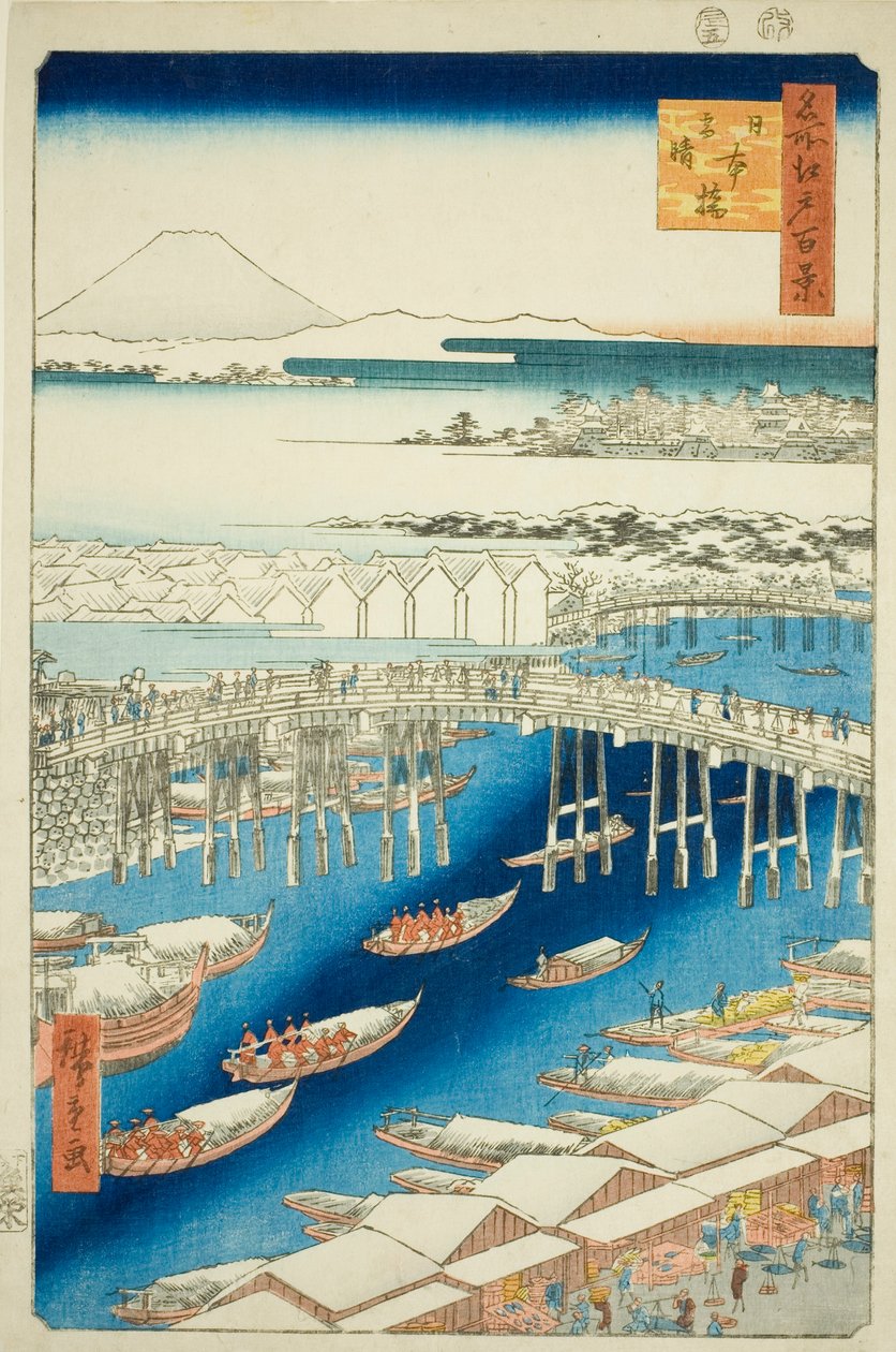 C ware ware av hand r S w at Japan B Ridge (Nihonbashi snow clear), fra serien "Ridge dre d fa net view ws f Edo (berømt sted Edo 100 views)" av Utagawa Hiroshige
