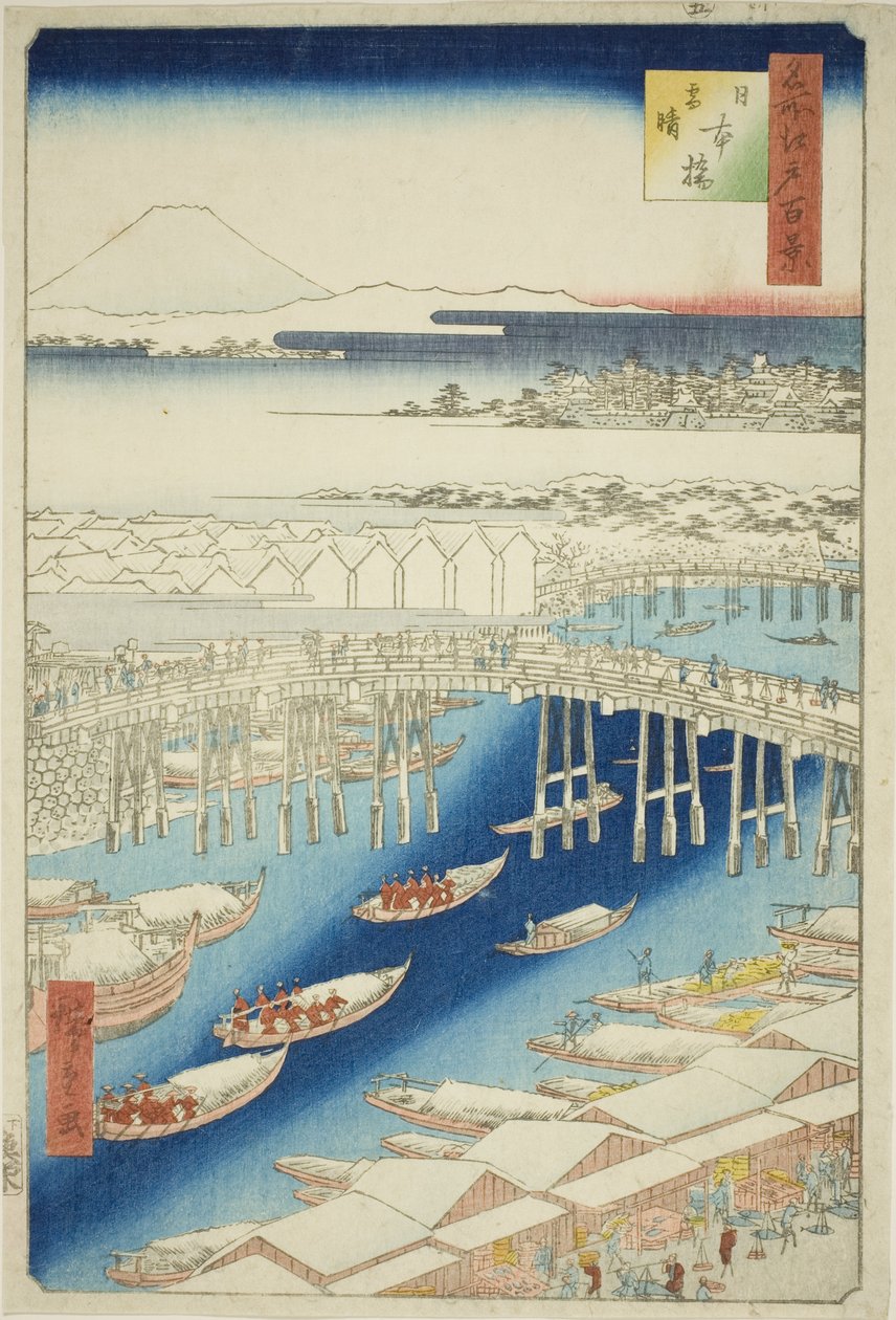 C ware ware av hand r S w at Japan B Ridge (Nihonbashi snow clear), fra serien "Ridge dre d fa net view ws f Edo (berømt sted Edo 100 views)" av Utagawa Hiroshige