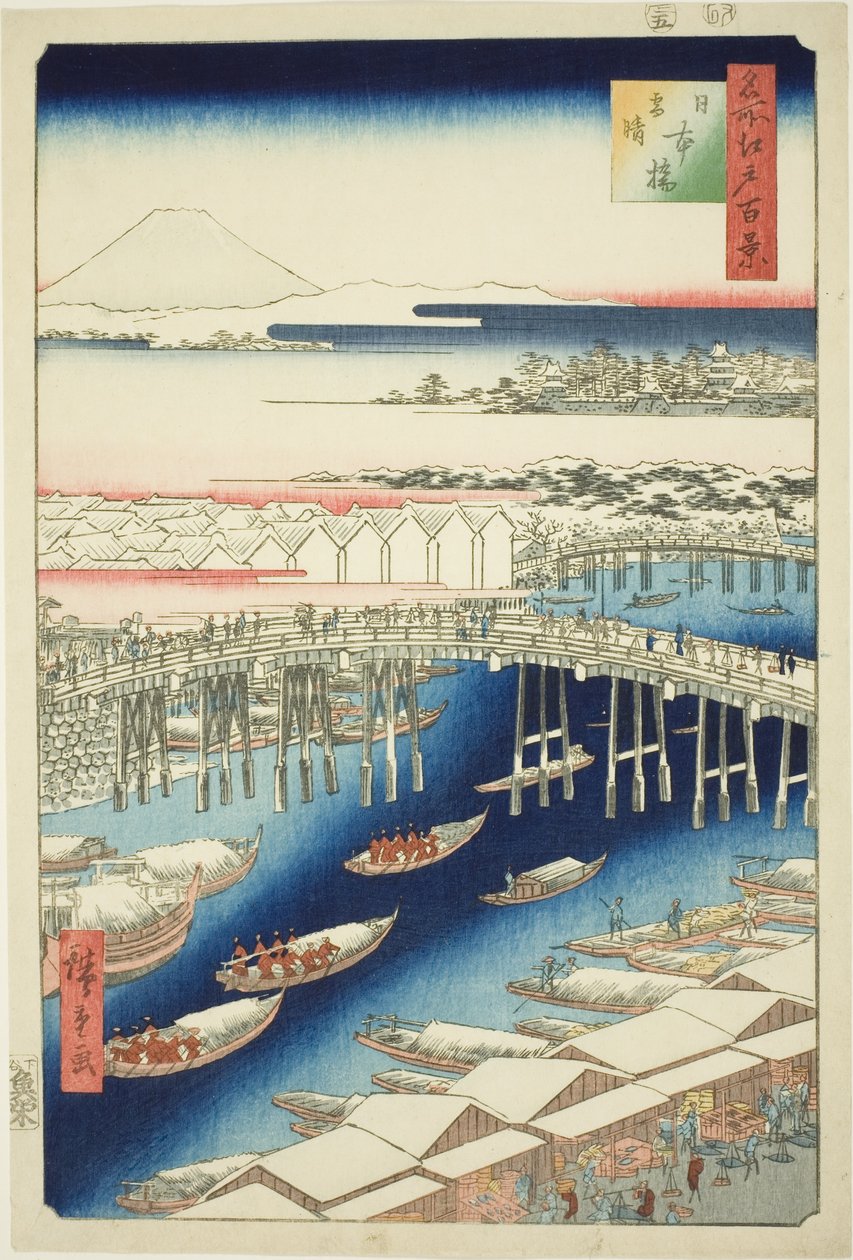 C ware ware av hand r S w at Japan B Ridge (Nihonbashi snow clear), fra serien "Ridge dre d fa net view ws f Edo (berømt sted Edo 100 views)" av Utagawa Hiroshige
