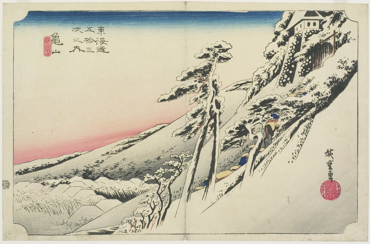 Klart vær etter snø, Kameyama, yukibare, ca. 1833 av Utagawa Hiroshige