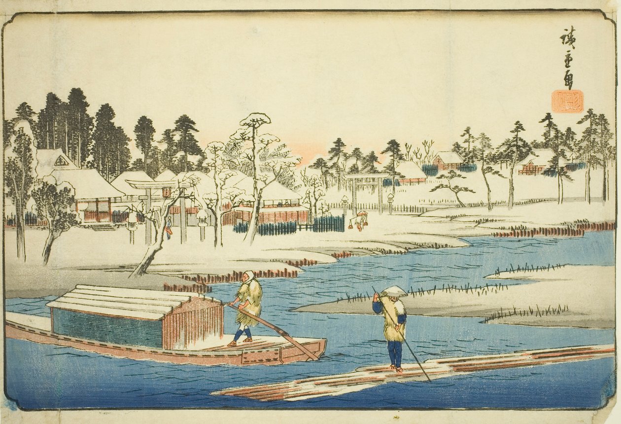 Klarvær etter snø på Massaki (Massaki yukibare no zu), fra serien "Famous Places in the Eastern Capital (Toto meisho)" av Utagawa Hiroshige