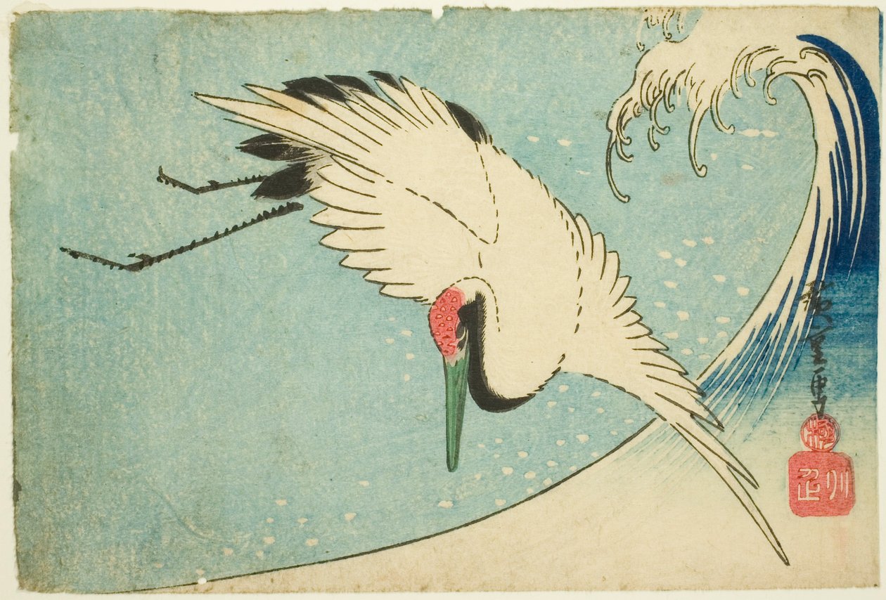Kran som flyr over bølgen av Utagawa Hiroshige