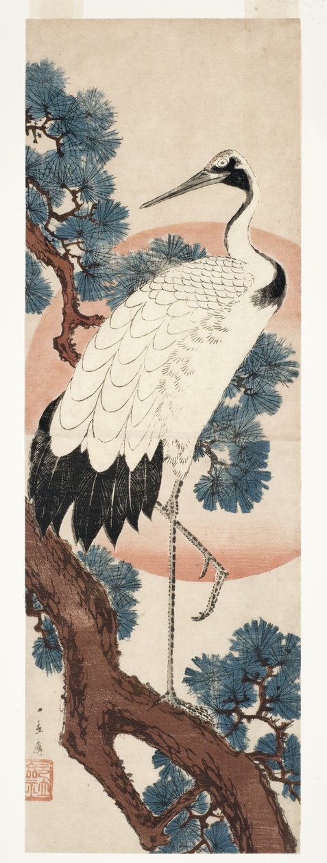 Trane i furutre ved soloppgang, 1850-55 (treblokk) av Utagawa Hiroshige