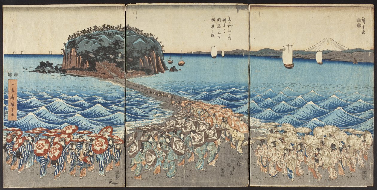 Folkemengder besøker Benzaiten-helligdommen i Enoshima i Sagami-provinsen i anledning av den spesielle visningen av Utagawa Hiroshige