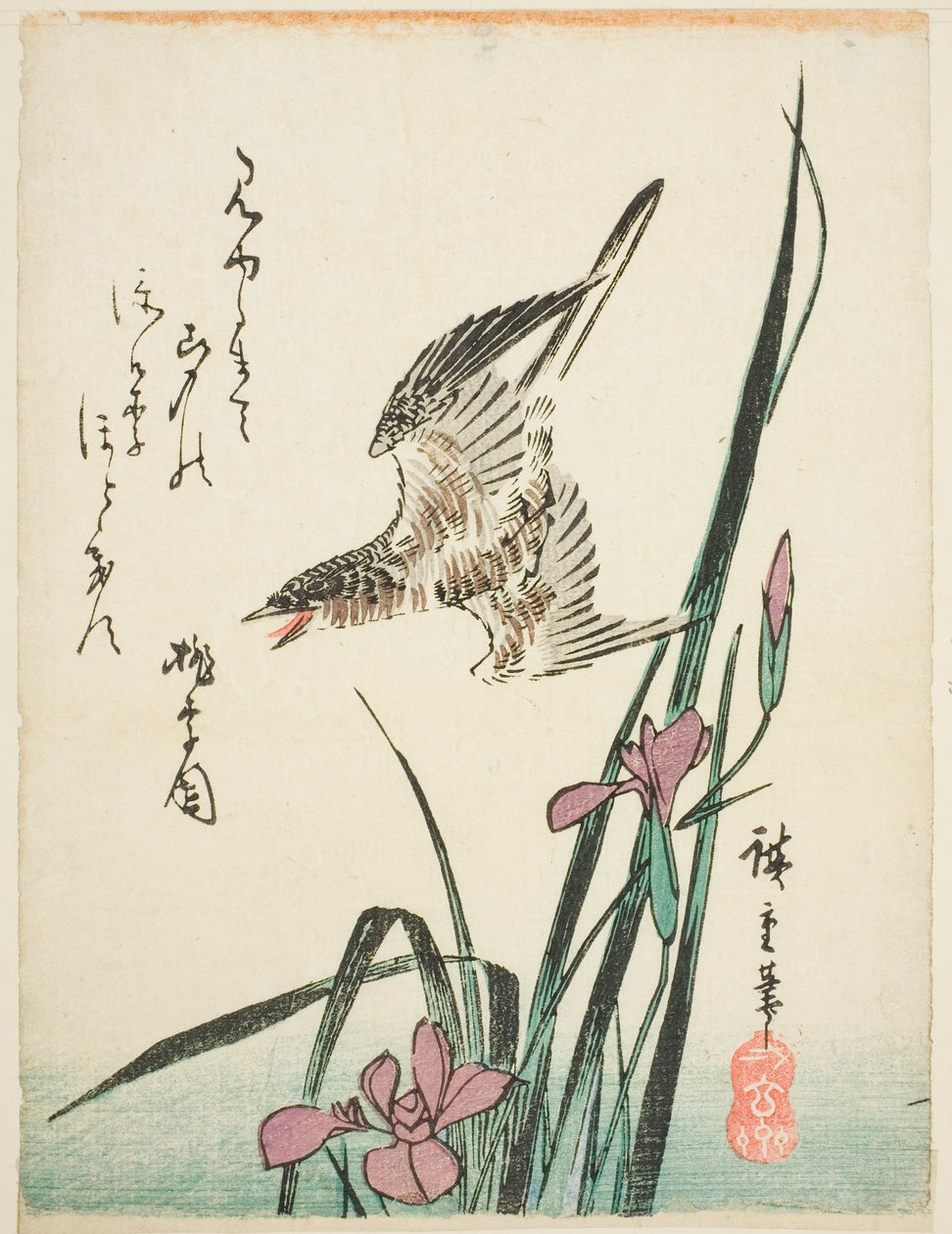Gjøk som flyr over iris av Utagawa Hiroshige