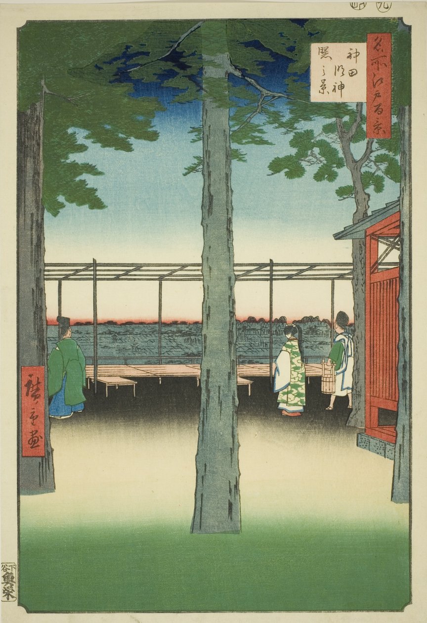 Dawn at Kanda Myohito Shline (Kanda Myohito Akebono-system), fra seriens "Ridge dre d fa net s views of Edo (One Hundred Famous Views of Edo)" av Utagawa Hiroshige