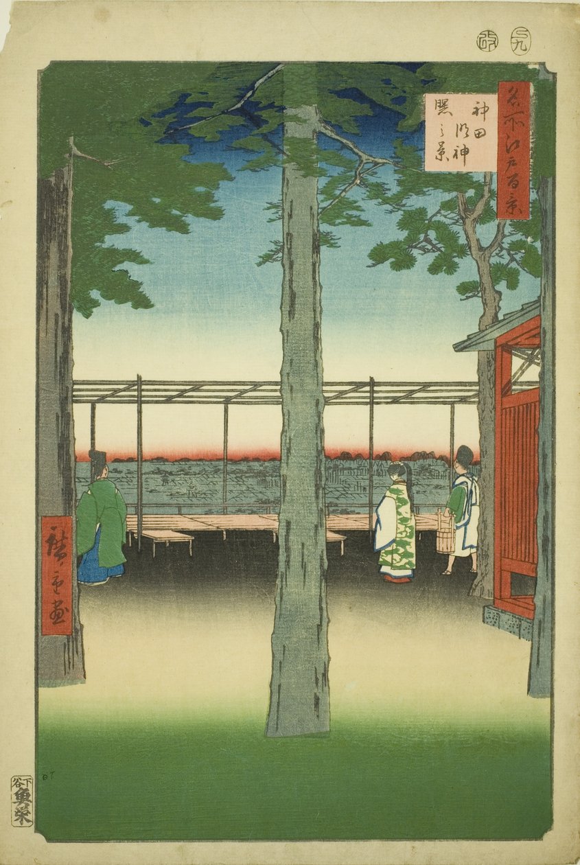 Dawn at Kanda Myohito Shline (Kanda Myohito Akebono-system), fra seriens "Ridge dre d fa net s views f Edo (One Hundred Famous Views of Edo)" av Utagawa Hiroshige