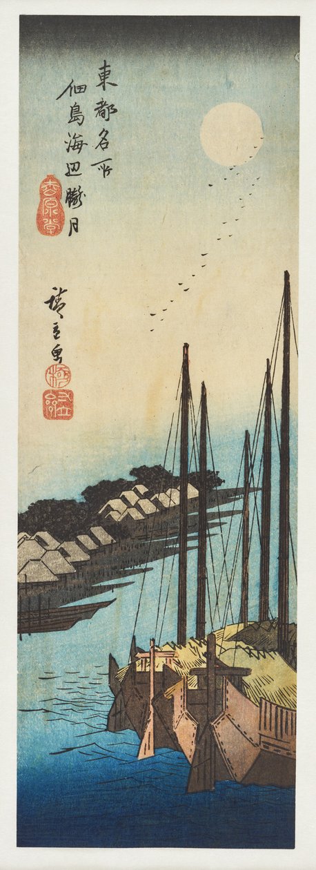 Tåkemånen over havet ved Tsukuda, fra serien «Berømte utsikter over den østlige hovedstaden» av Utagawa Hiroshige