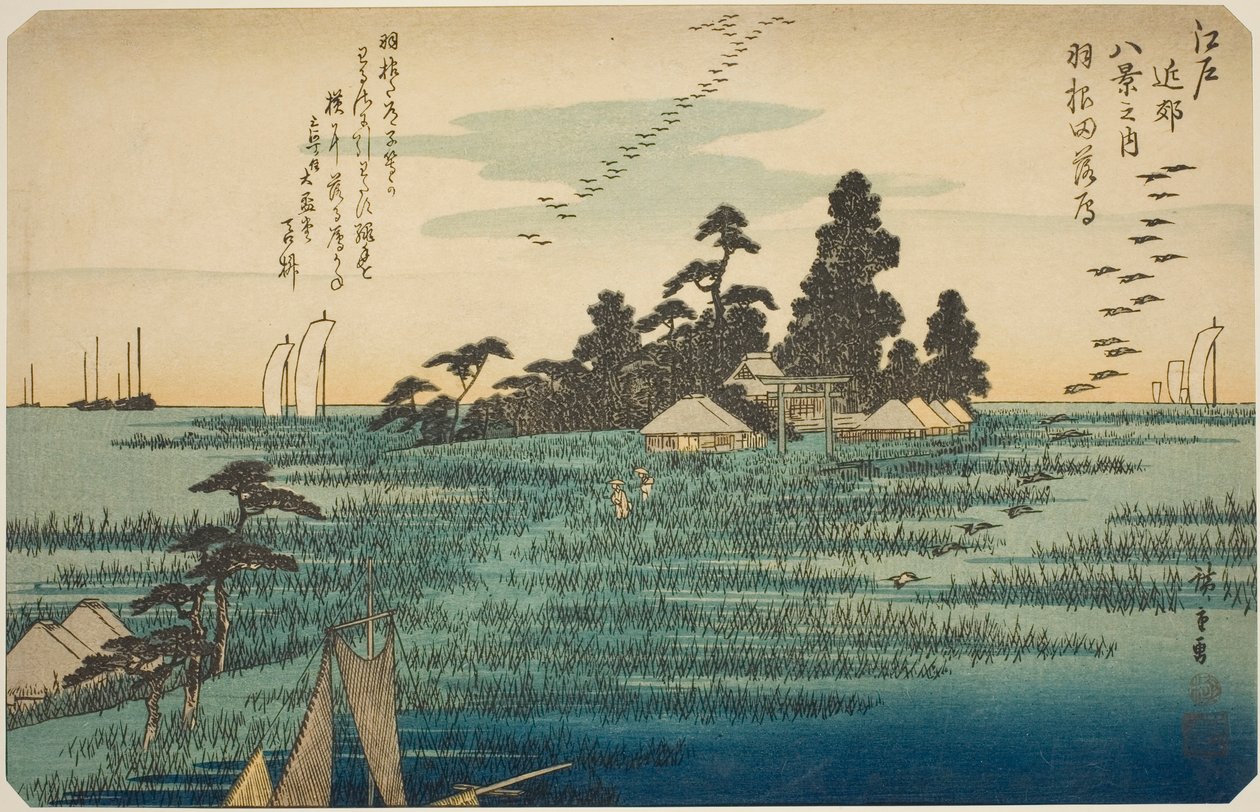 Descending Geese at Haneda (Haneda no rakugan), fra serien "Eight Views in the Environs of Edo (Edo kinko hakkei no uchi)" av Utagawa Hiroshige