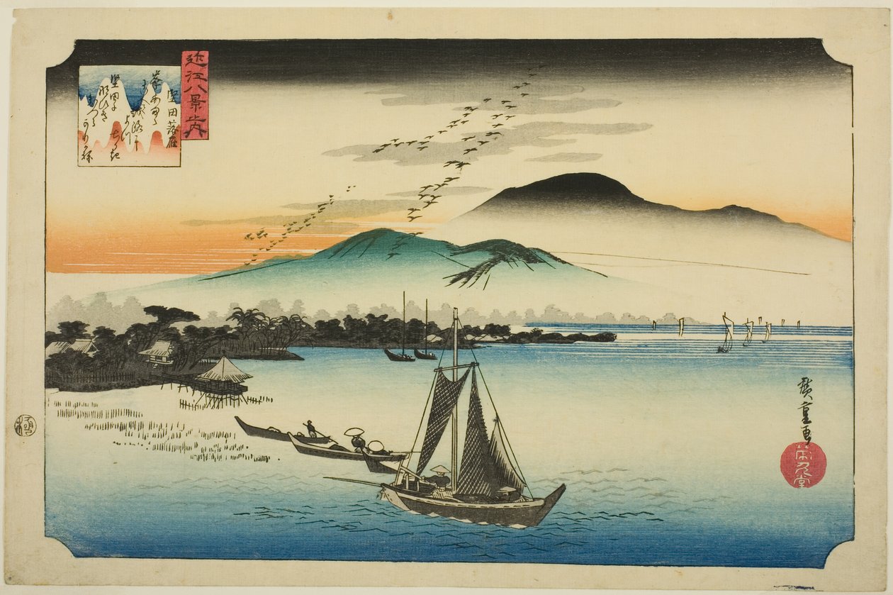 Nedstigende gjess ved Katada (Katada rakugan), fra serien "Eight Views of Omi (Omi hakkei no uchi)" av Utagawa Hiroshige
