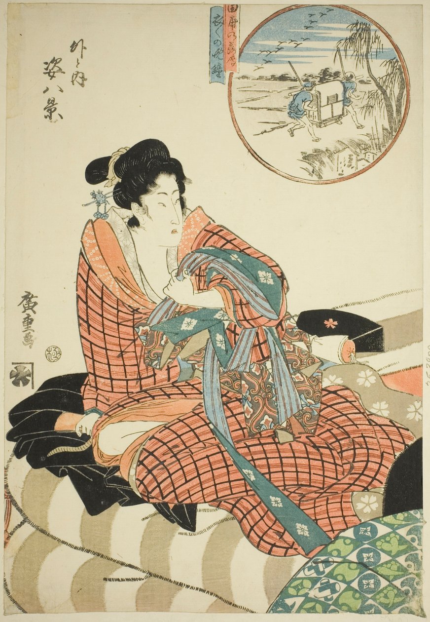 Descending Geese at the Rice Fields (Tanbo no rakugan) and Evening Bell of the Morning After (Kinuginu no bansho), fra serien "Eight Views of Figures Inside and Outside (Soto to uchi sugata hakkei)" av Utagawa Hiroshige