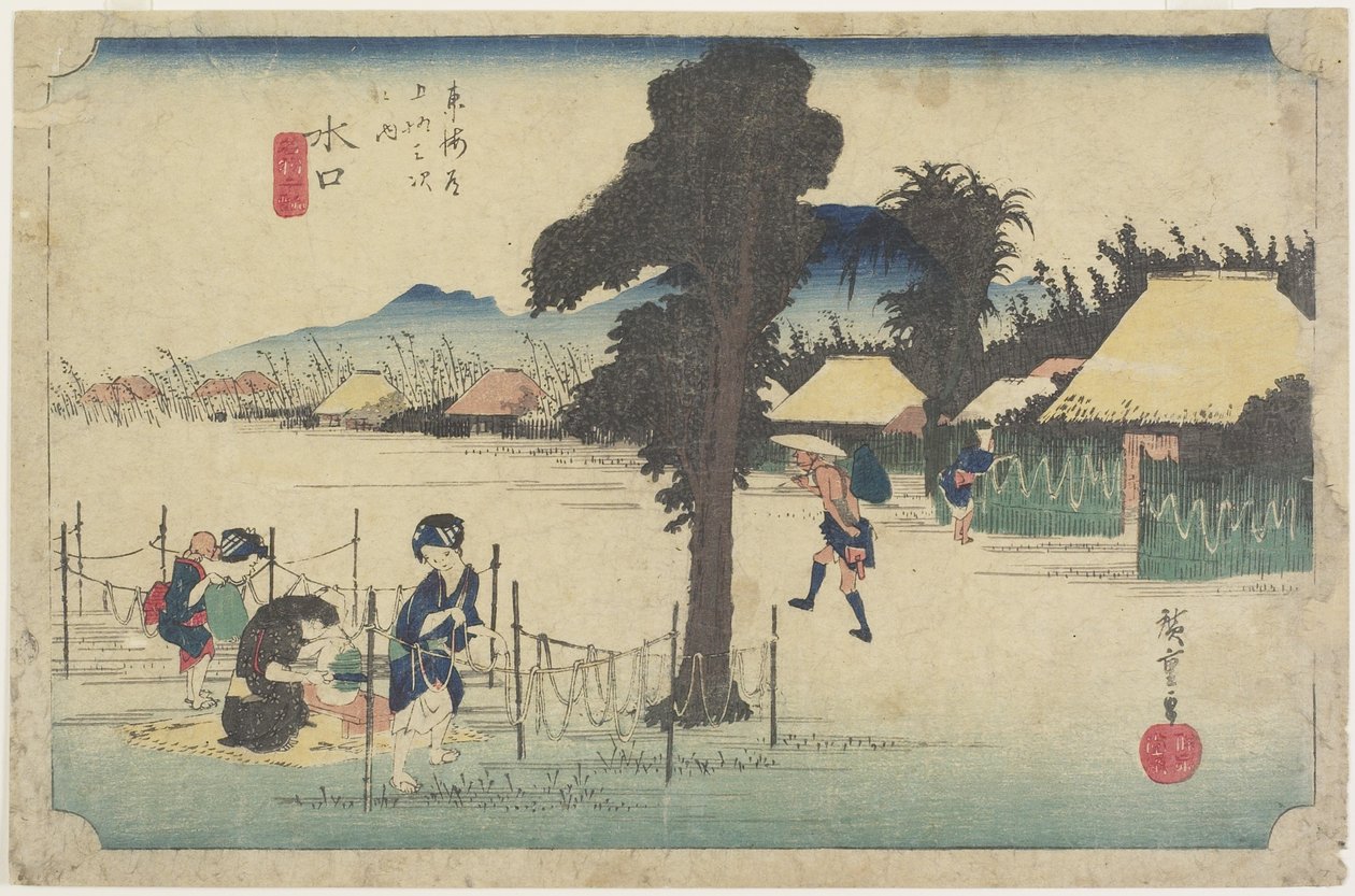 Tørking av kalebassspon, Minakuchi, ca. 1833 av Utagawa Hiroshige