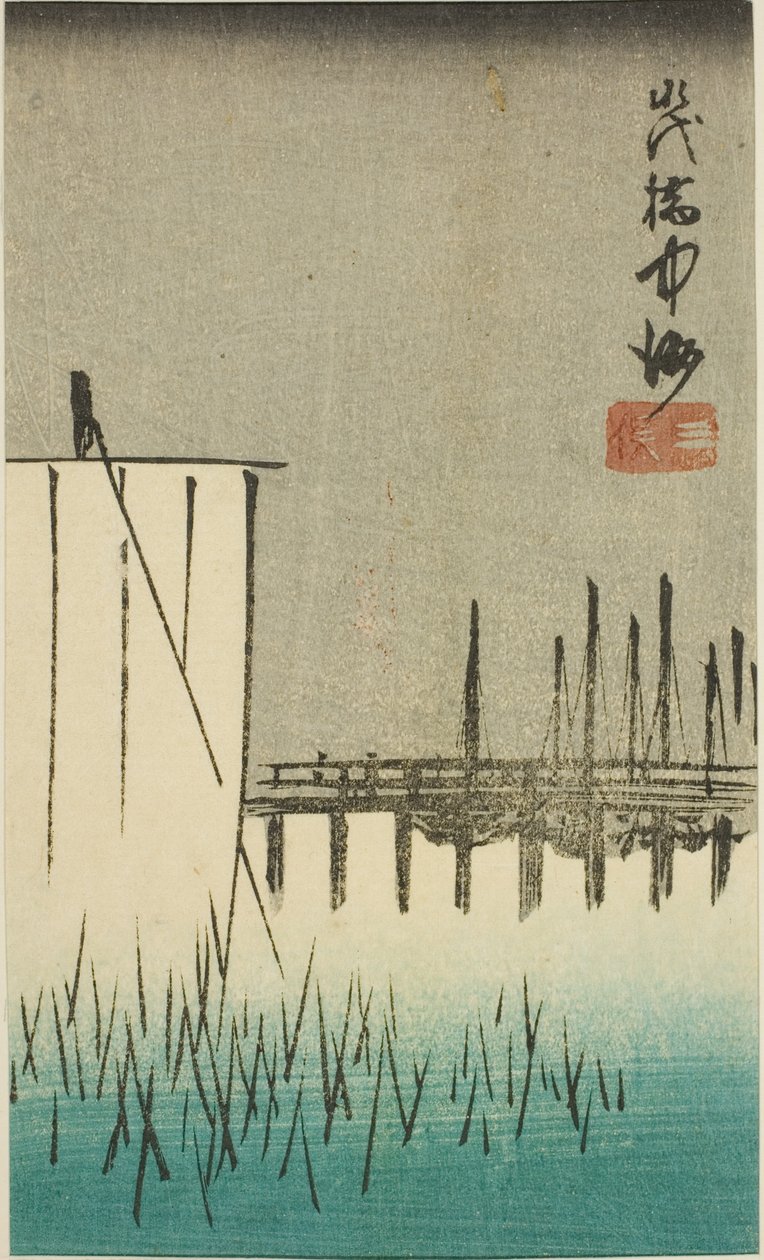 Eitai Bridge, Nakasu og Mitsumata (Eitaibashi Nakasu Mitsumata), del av et ark fra serien "Cutouts of Famous Places in Edo (Harimaze Koto meisho)" av Utagawa Hiroshige