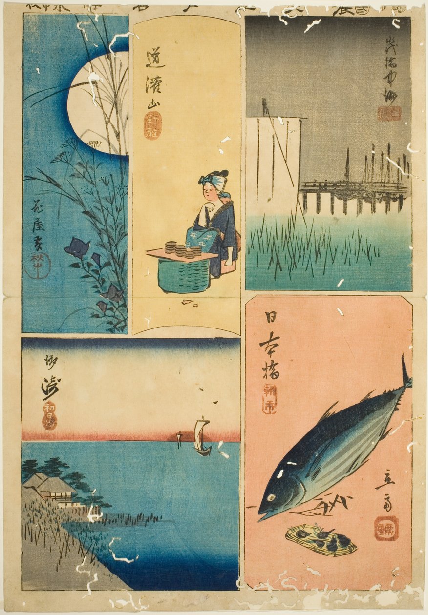 Eitai Bridge, Nihon Bridge, Susaki, Flower Garden og Dokan Hill (Eitaibashi, Nihonbashi, Susaki, Hanayashiki, Dokanyama), fra serien "Cutouts of Famous Places in Edo (Harimaze Koto meisho)" av Utagawa Hiroshige