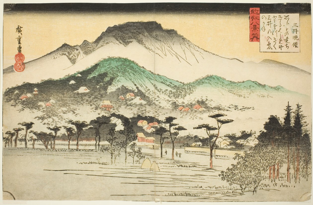 Evening Bell at Mii Temple (Mii bansho), fra serien "Eight Views of Omi (Omi hakkei no uchi)" av Utagawa Hiroshige