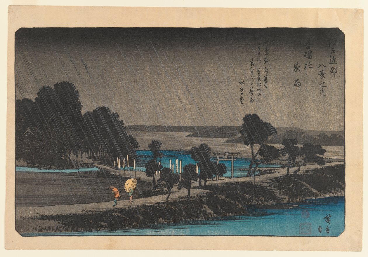 Kveldsregn ved Azumi no Mori, ca. 1838 (farget treblokktrykk) av Utagawa Hiroshige