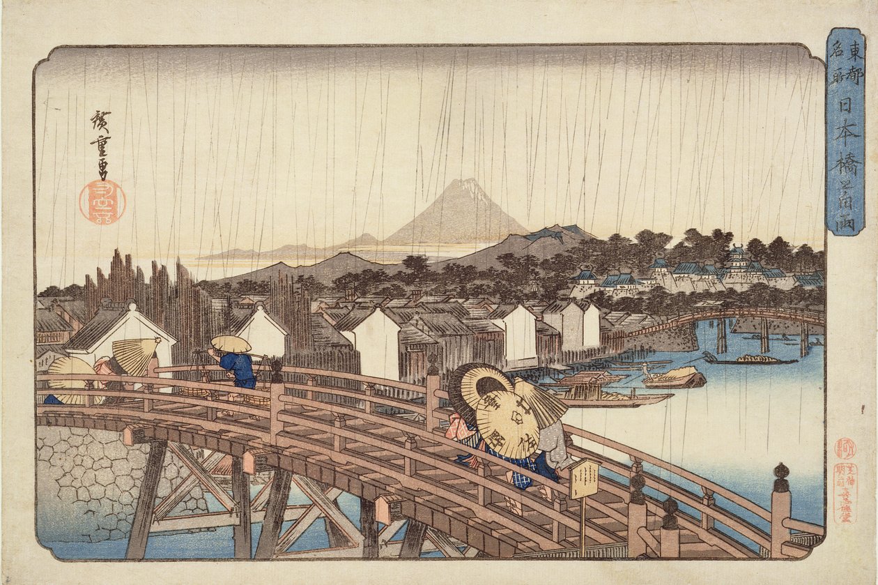 Kveldsdusj på Nihonbashi Bridge, fra berømte steder i den østlige hovedstaden ca. 1832 (treblokk fargetrykk) av Utagawa Hiroshige