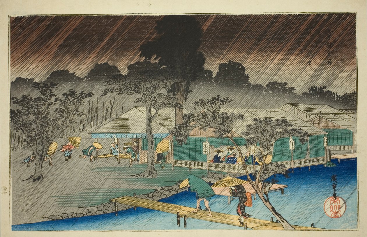 Kveldsdusj ved bredden av Tadasu-elven (Tadasugawara no yudachi), fra serien "Famous Places in Kyoto (Kyoto meisho no uchi)" av Utagawa Hiroshige