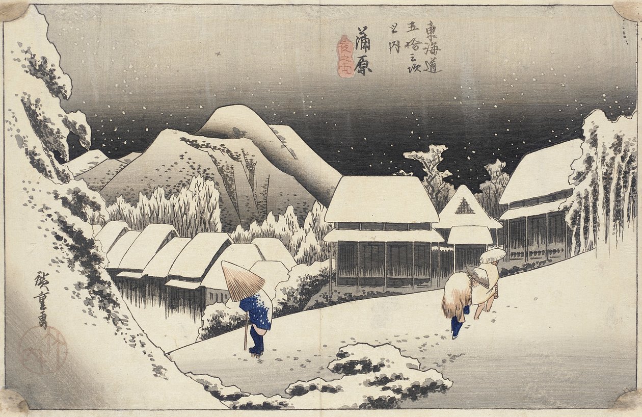 Evening Snow at Kanbara fra serien 53 Stations of the Tokaido, ca. 1833-4 (farget treblokktrykk) av Utagawa Hiroshige