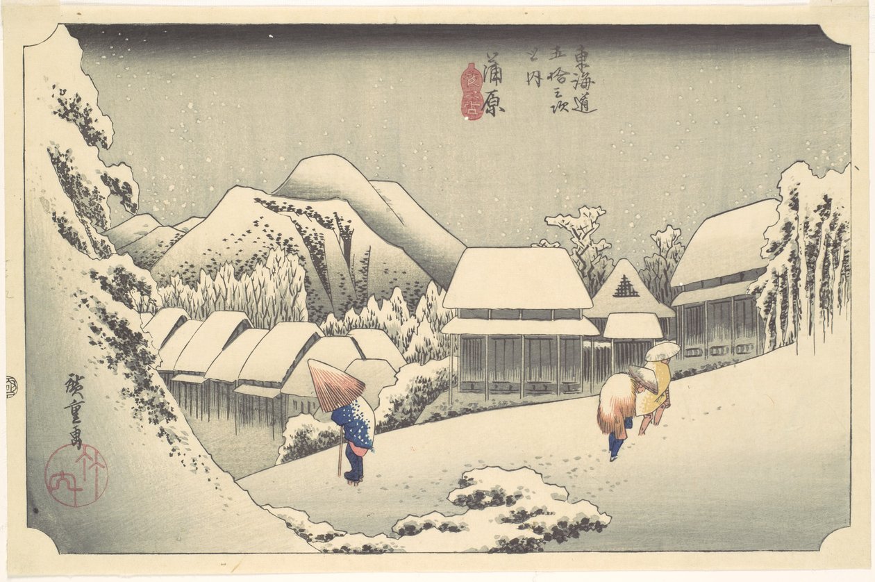 Kveldssnø ved Kanbara, fra serien «Tōkaidōs femtitre stasjoner» av Utagawa Hiroshige