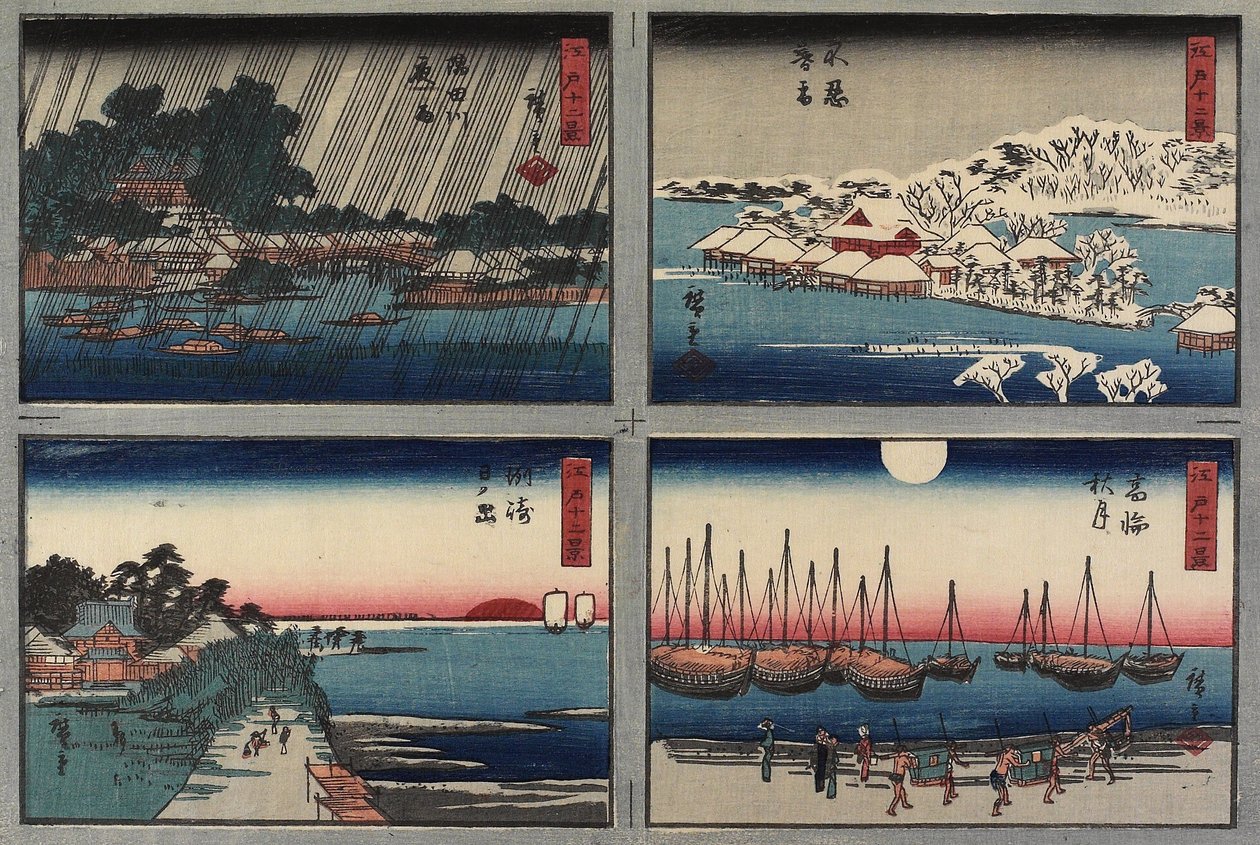 Kveldssnø ved Shinobazu, høstmåne ved Takanawa, soloppgang ved Susaki, nattregn ved Sumida-elven, 1843-1847 av Utagawa Hiroshige
