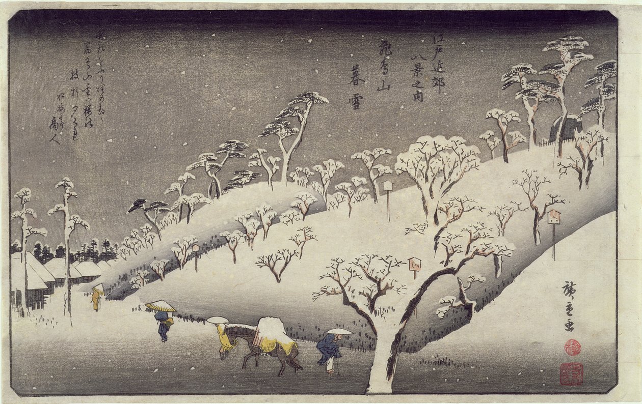 Kveldssnø på Asuka-fjellet, fra Eight Views of Environs of Edo, ca. 1838 (fargetrykk av treblokk) av Utagawa Hiroshige