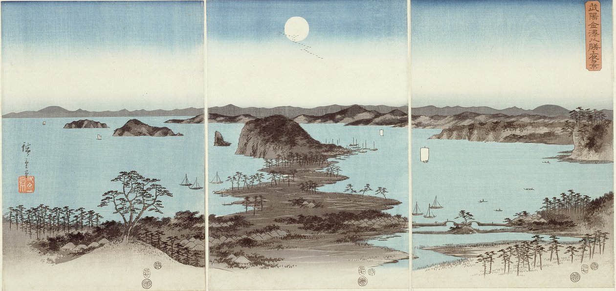 Picture View W Of England ght Fa Net s At Kanazawa (Buyo Kanazawa Hassho Night View) av Utagawa Hiroshige