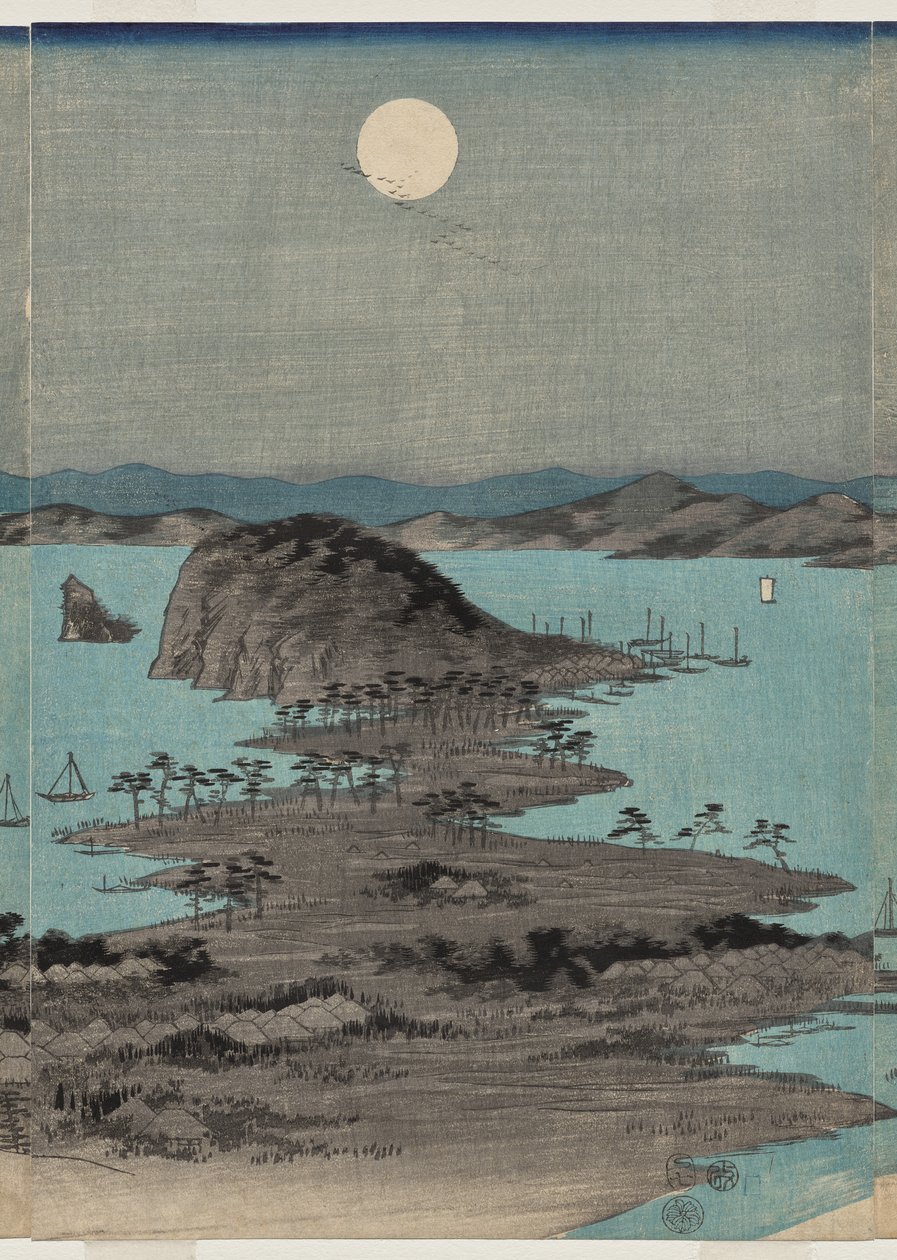 Kveldsutsikt over de åtte kjente stedene nær Kanazawa under fullmåne i Musashi-provinsen av Utagawa Hiroshige