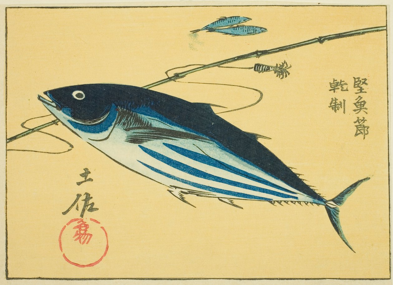 Kjente produkter fra Tosa-provinsen: Tørket Bonito (Tosa meibutsu, katsuobushi), del av ark nr. 16 fra serien "Cutout Pictures of the Provinces (Kunizukushi harimaze zue)" av Utagawa Hiroshige