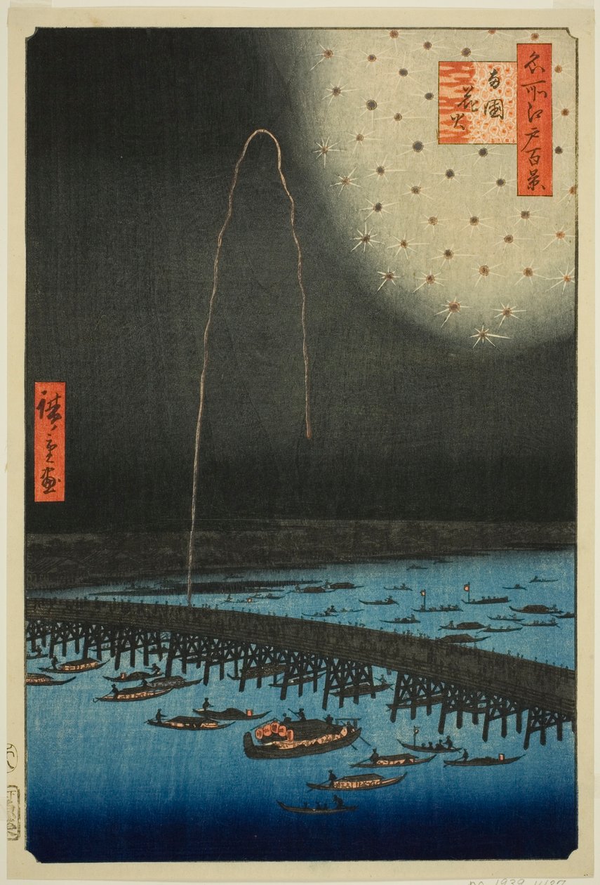 Filet rks på Rokoku (Rokoku Fireworks), fra serien "Ridge d re d Fa net s Views of Edo (One hundred famous views of Edo)" av Utagawa Hiroshige