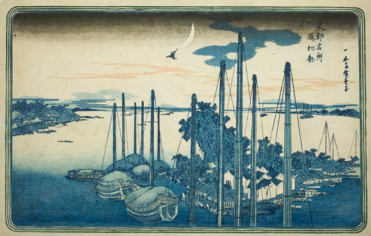 Årets første gjøk på Tsukuda Island (Tsukudajima, hatsu hototogisu), fra serien "Famous Views of the Eastern Capital (Toto Meisho)" av Utagawa Hiroshige