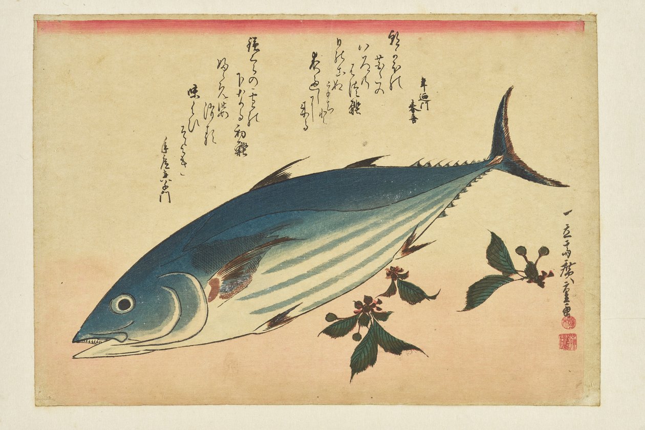 Fisketrykk: bonito og kirsebær fra serien «En fiskestim» av Utagawa Hiroshige