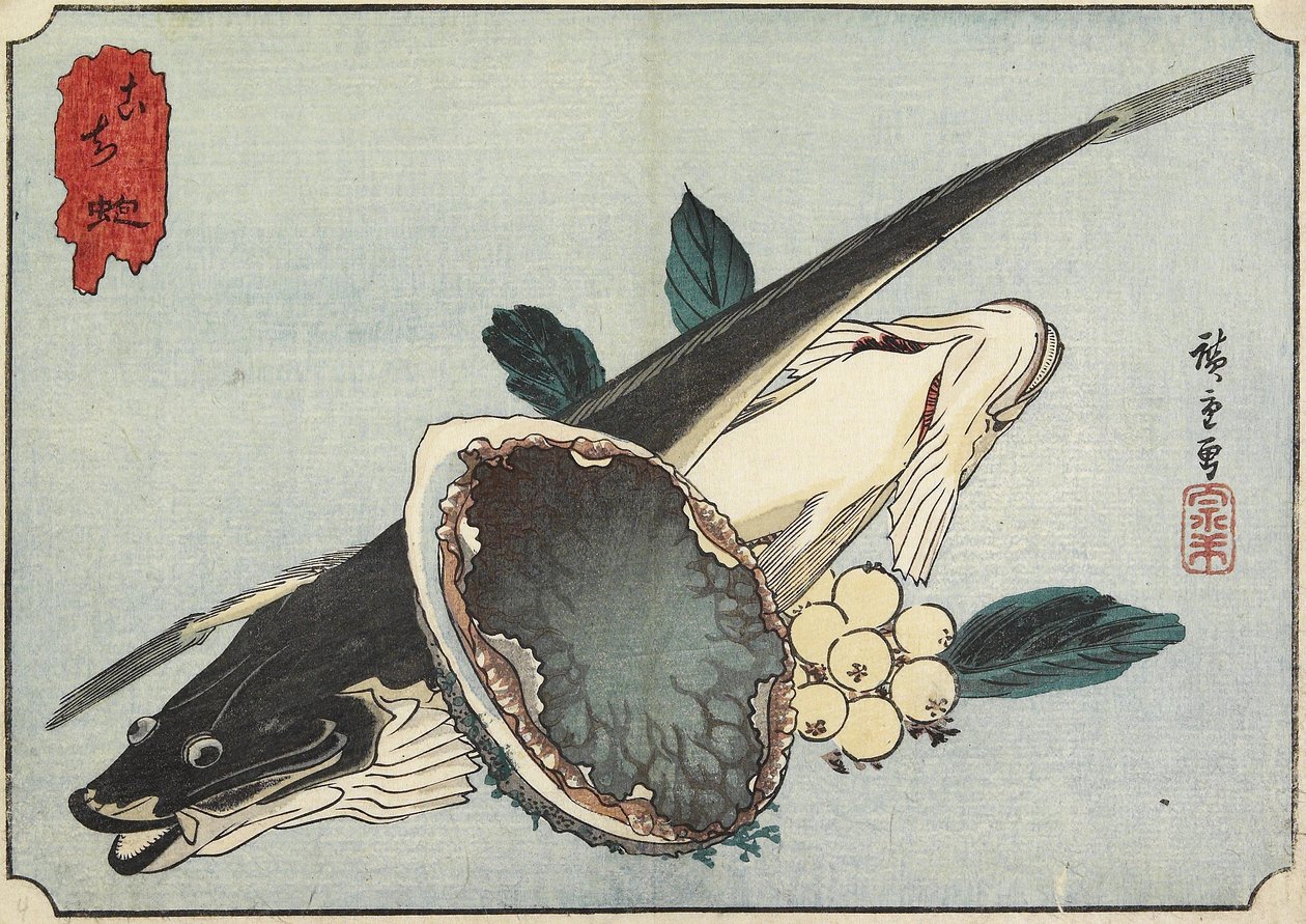 Flathead and Abalone, tidlig på 1800-tallet av Utagawa Hiroshige
