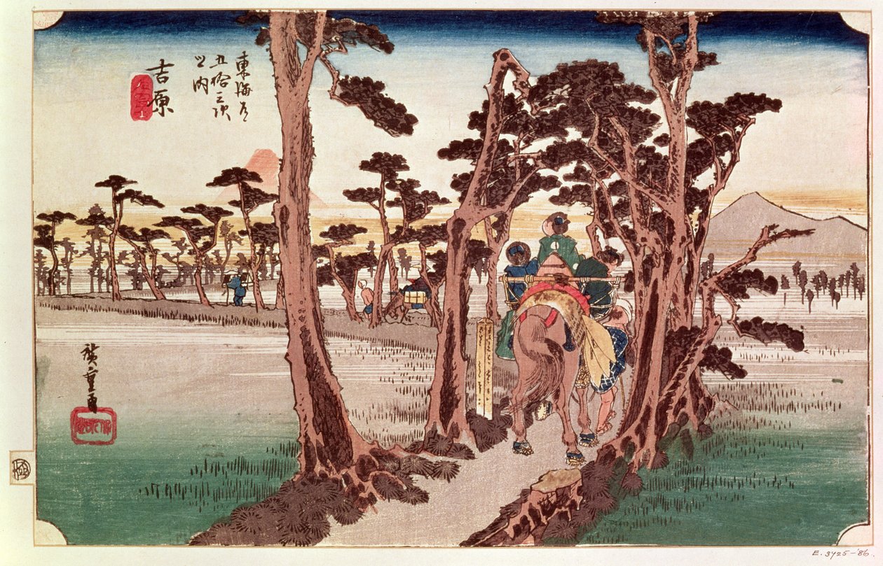 Fuji fra Yoshiwara fra 53 Stations of the Tokaido, ca. 1833 (treblokk) av Utagawa Hiroshige